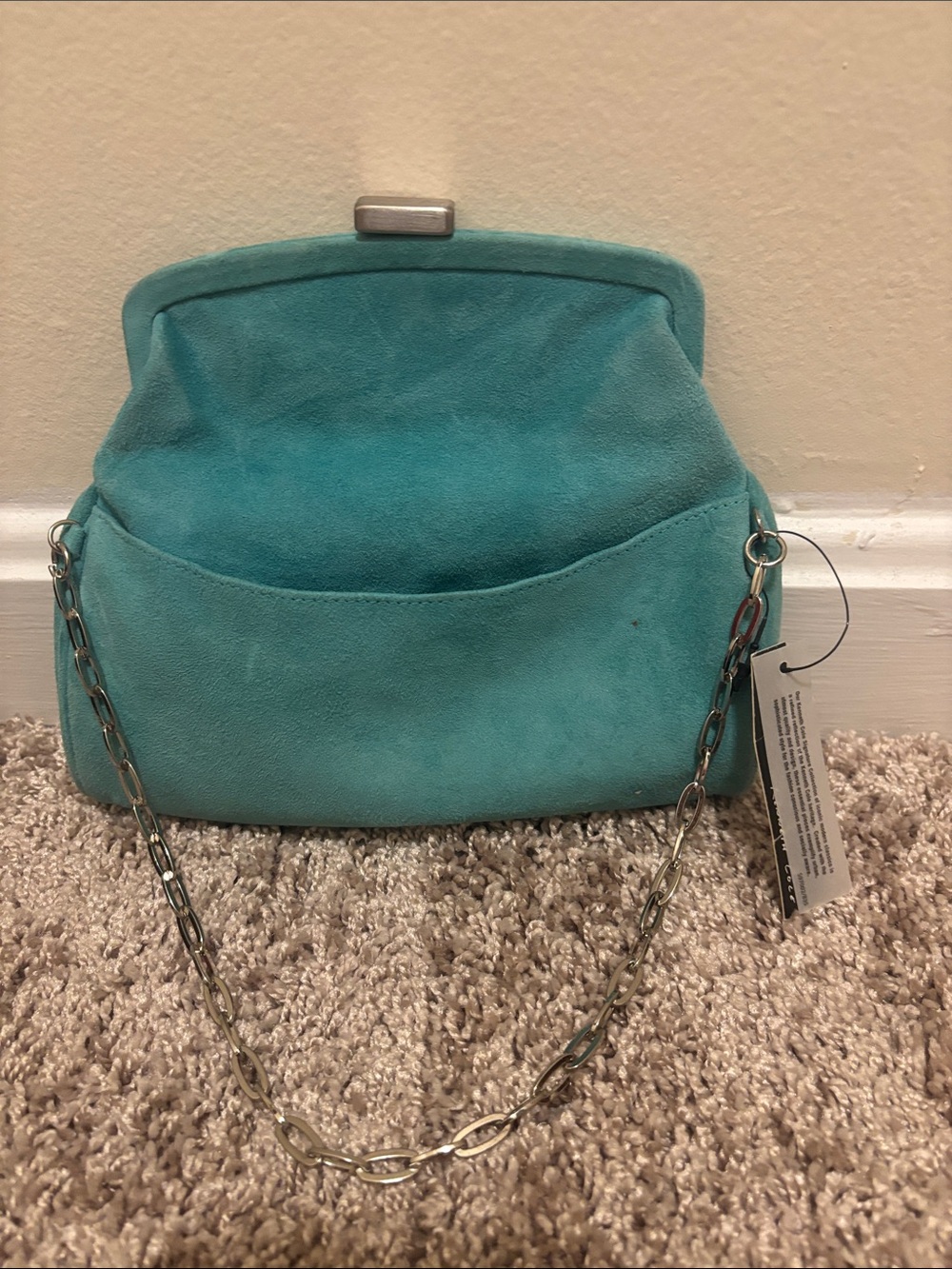 Vintage Turquoise Suede Chain-Handle Clutch